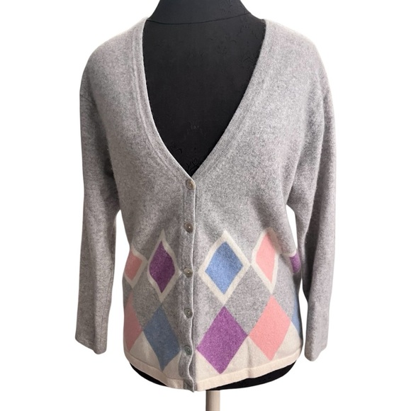El Daws Cashmere Gray Argyle Button-Up Women's Sweater Size Medium - Picture 9 of 9